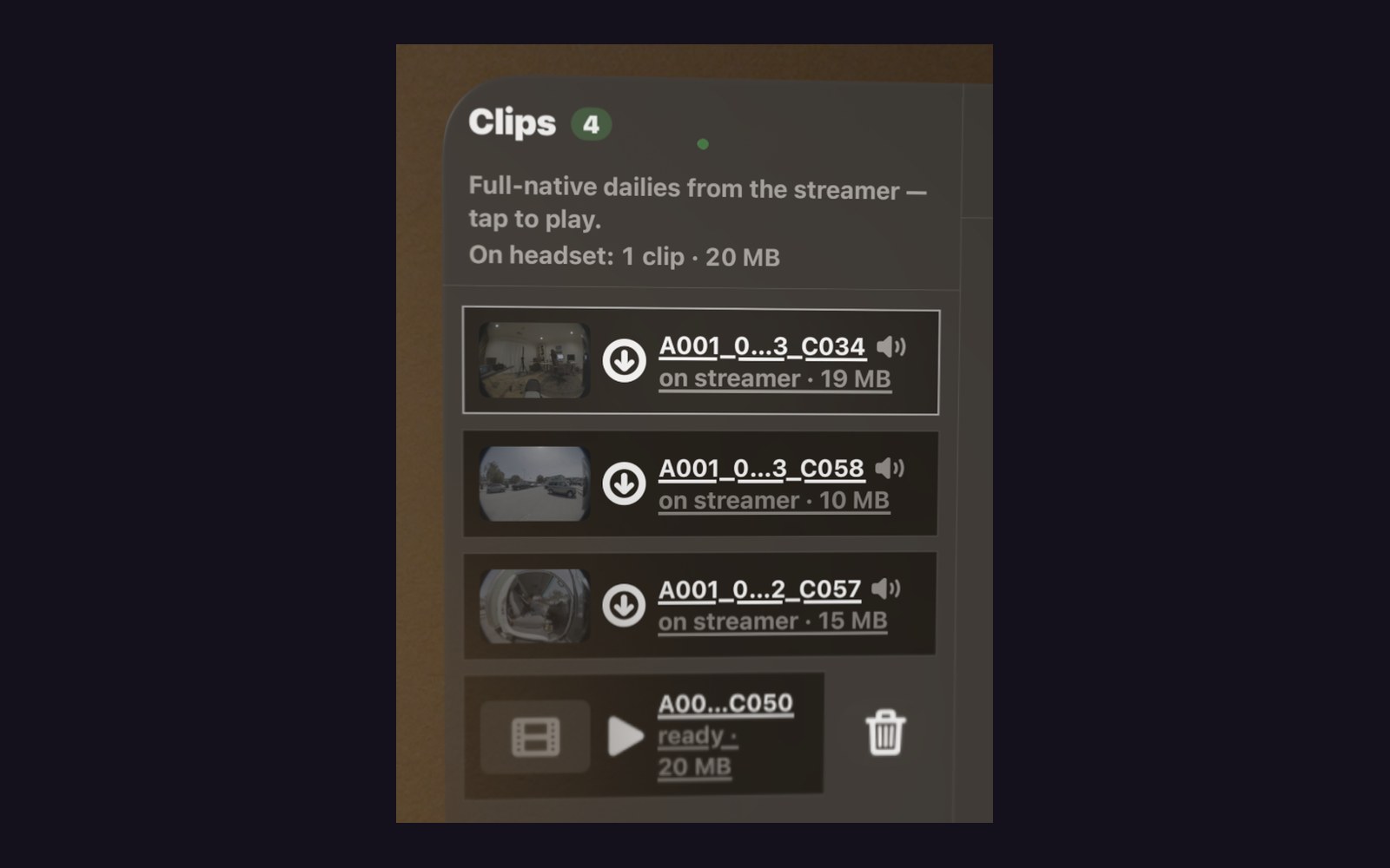 Clips panel — full-native dailies from the streamer, tap to play