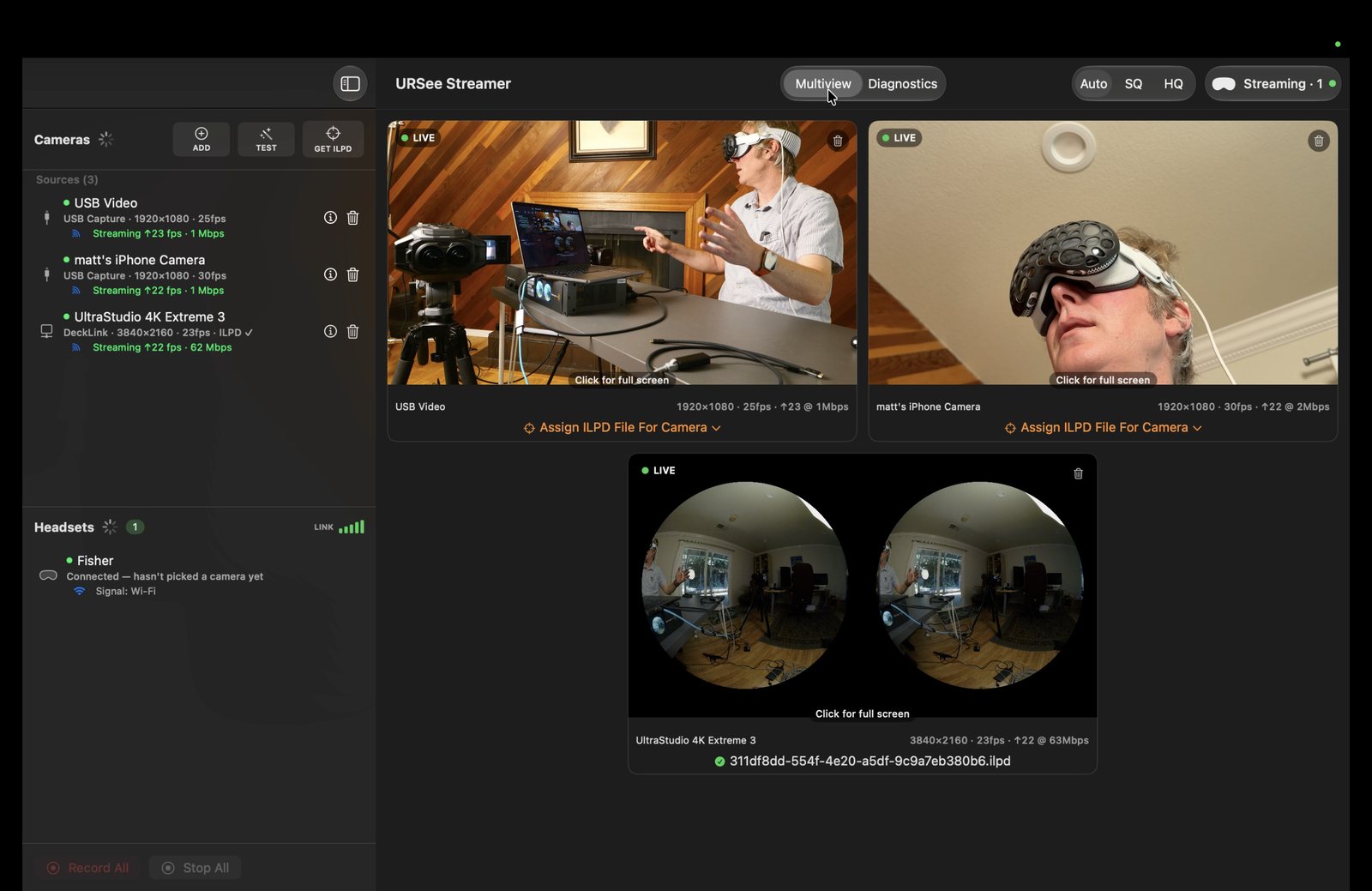URSee Streamer — multiview, per-camera ILPD, headsets panel